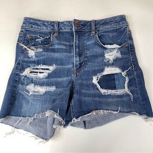 American Eagle Women’s 4 Super Hi Rise Shortie Shorts Jean Blue Distressed #1172